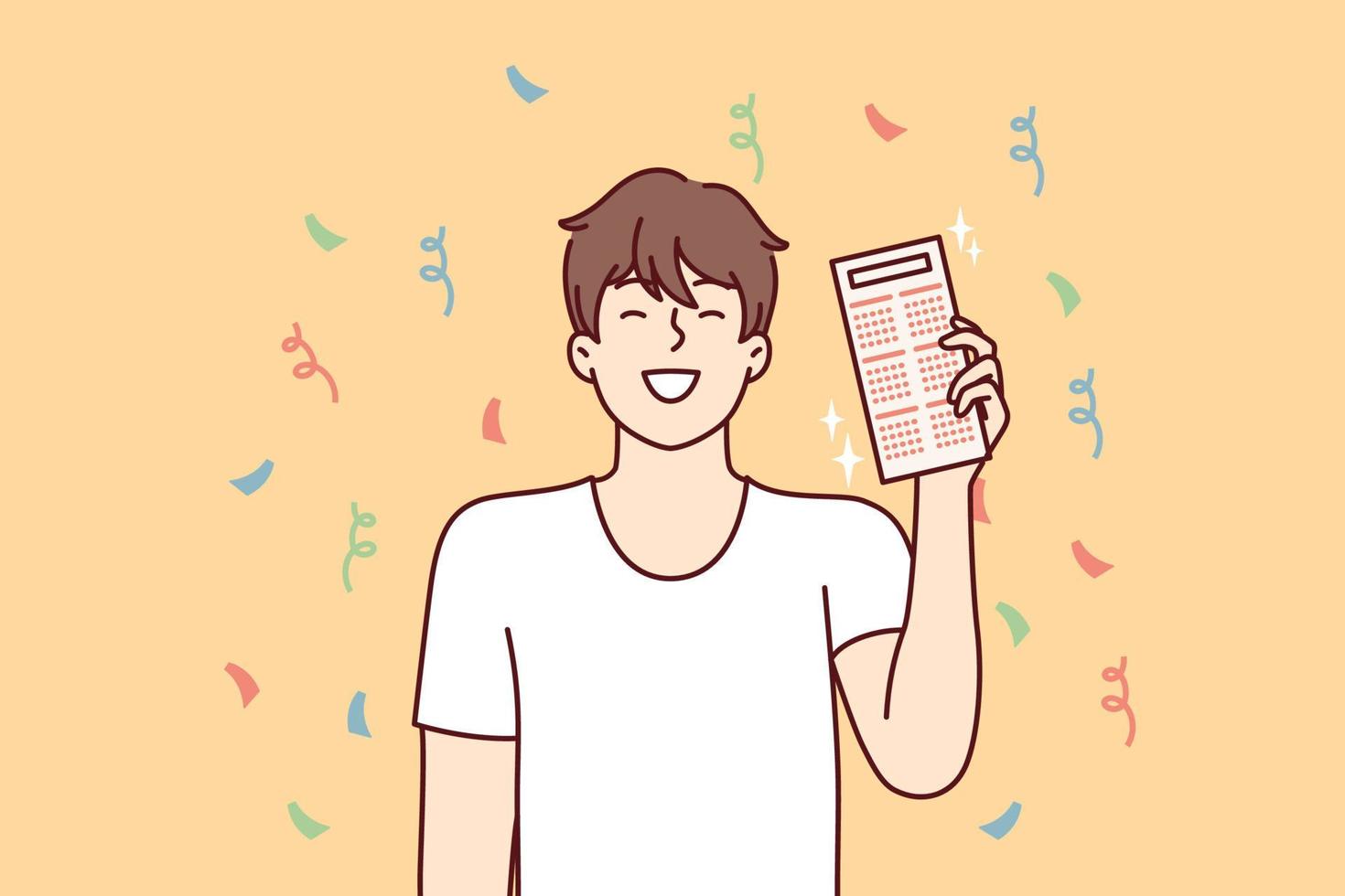 Happy man with calendar or work schedule in hands smiling while standing among falling confetti. Guy rejoices at fulfillment working deadlines or successful completion of project. Flat vector design