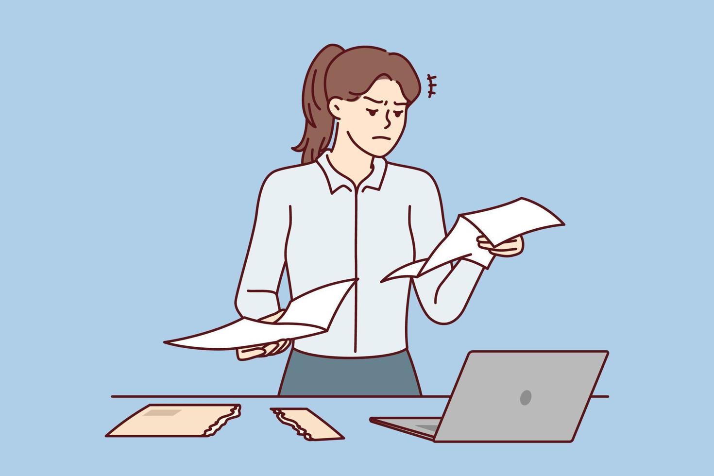 una secretaria insatisfecha lee una carta en papel cerca de la mesa con una laptop. una chica tensa con ropa de negocios examina los documentos enviados por la oficina de impuestos con mensajes sobre multas o deudas. imagen vectorial plana vector