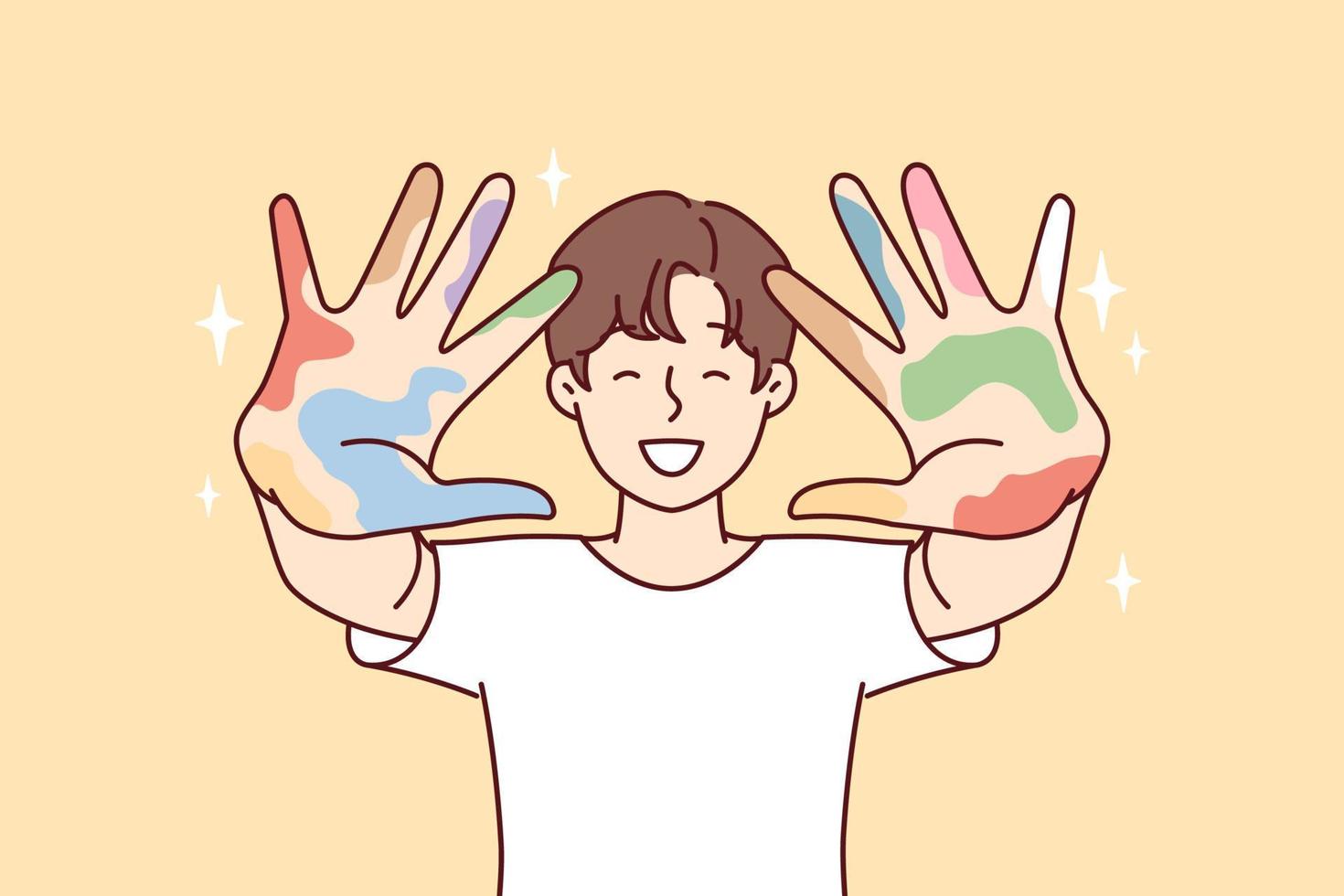 Positive guy stretches arms forward showing remains of multi-colored spots after drawing lesson. Creative boy in white t-shirt shows palms after experimenting with art. Flat vector illustration