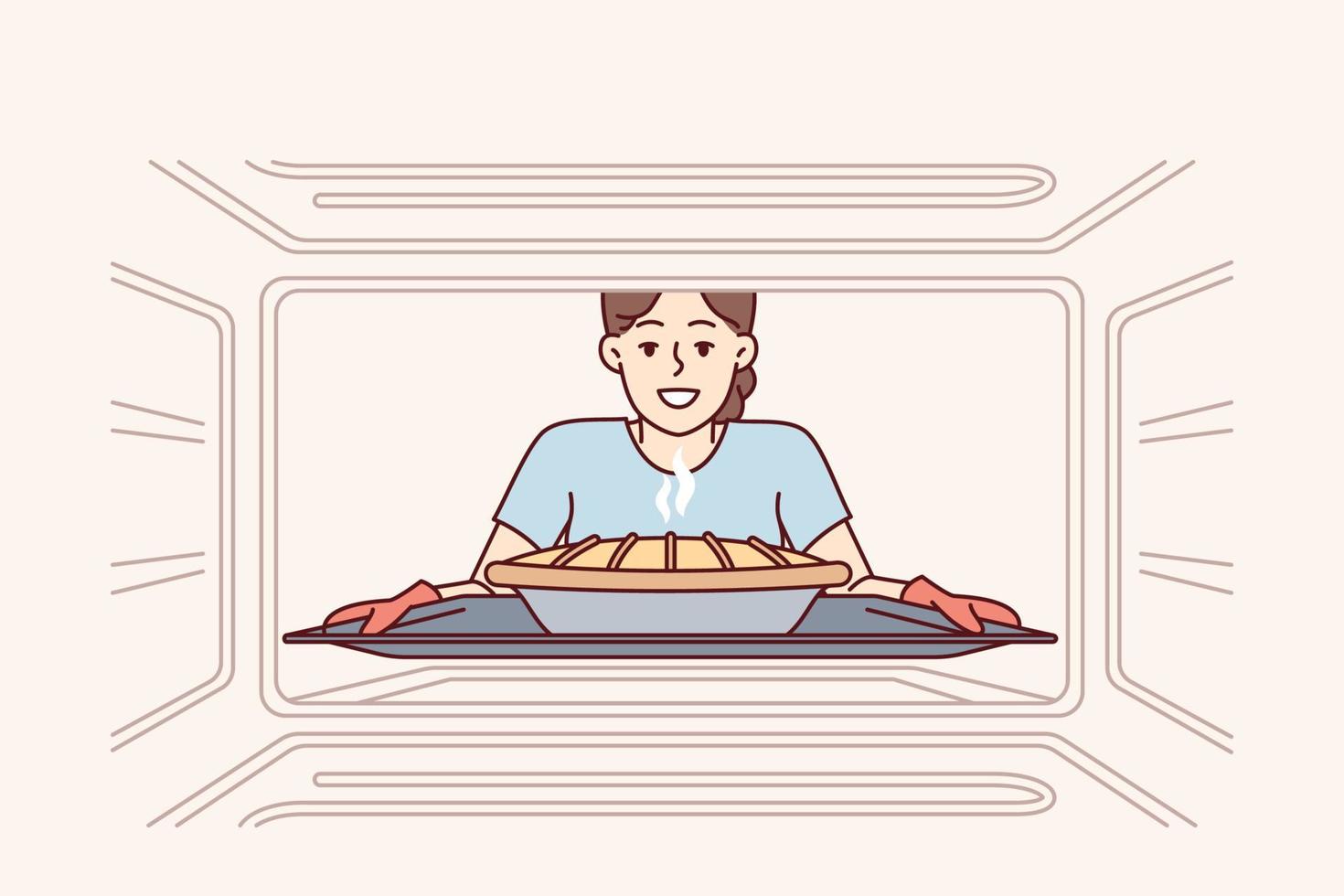 Woman housewife takes ready-made pie out of oven to please family with delicious treat during dinner. Face of girl using gloves taking baking sheet with baked dish from oven. Flat vector illustration