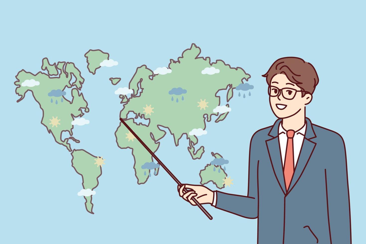 Man weather forecaster showing precipitation prediction map in different parts world. Guy in business clothes with pointer stands near continents for TV show about climate change. Flat vector design
