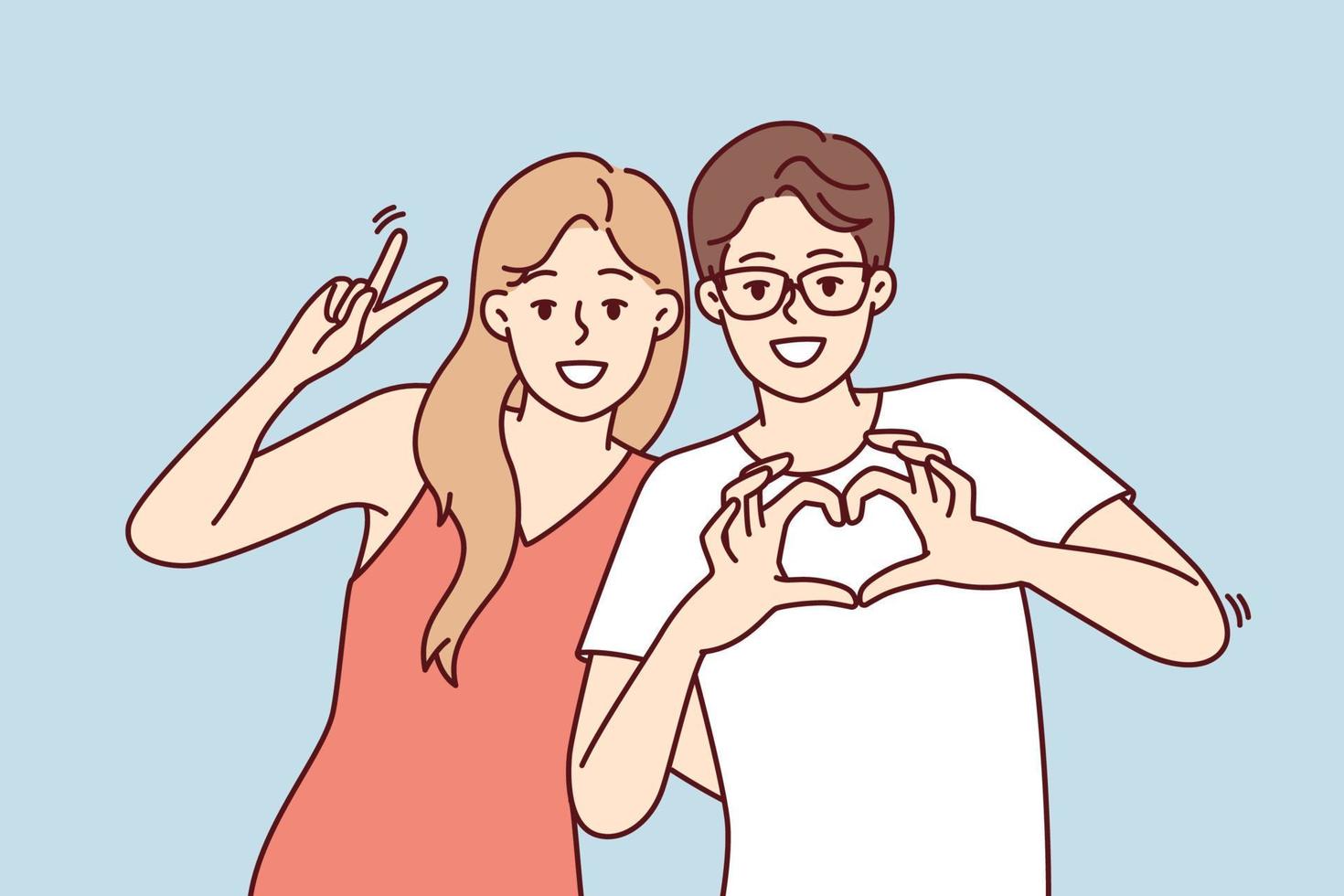 Friendly young man and woman stand in embrace and smiling looking at camera. Guy and girl in casual clothes show different gestures while posing for friendly photo. Flat vector illustration