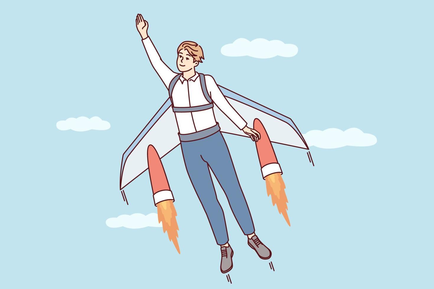 Man flies up with help of jet wings for concept of career growth or business success. Guy in casual clothes takes off into sky with clouds, portraying superhero. Flat vector illustration