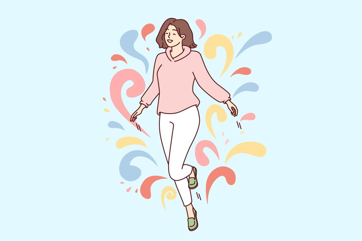 Woman walks in weightlessness and waves arms located among multi-colored drops flying in different directions. Carefree girl feels happy after dating or taking antidepressants. Flat vector design