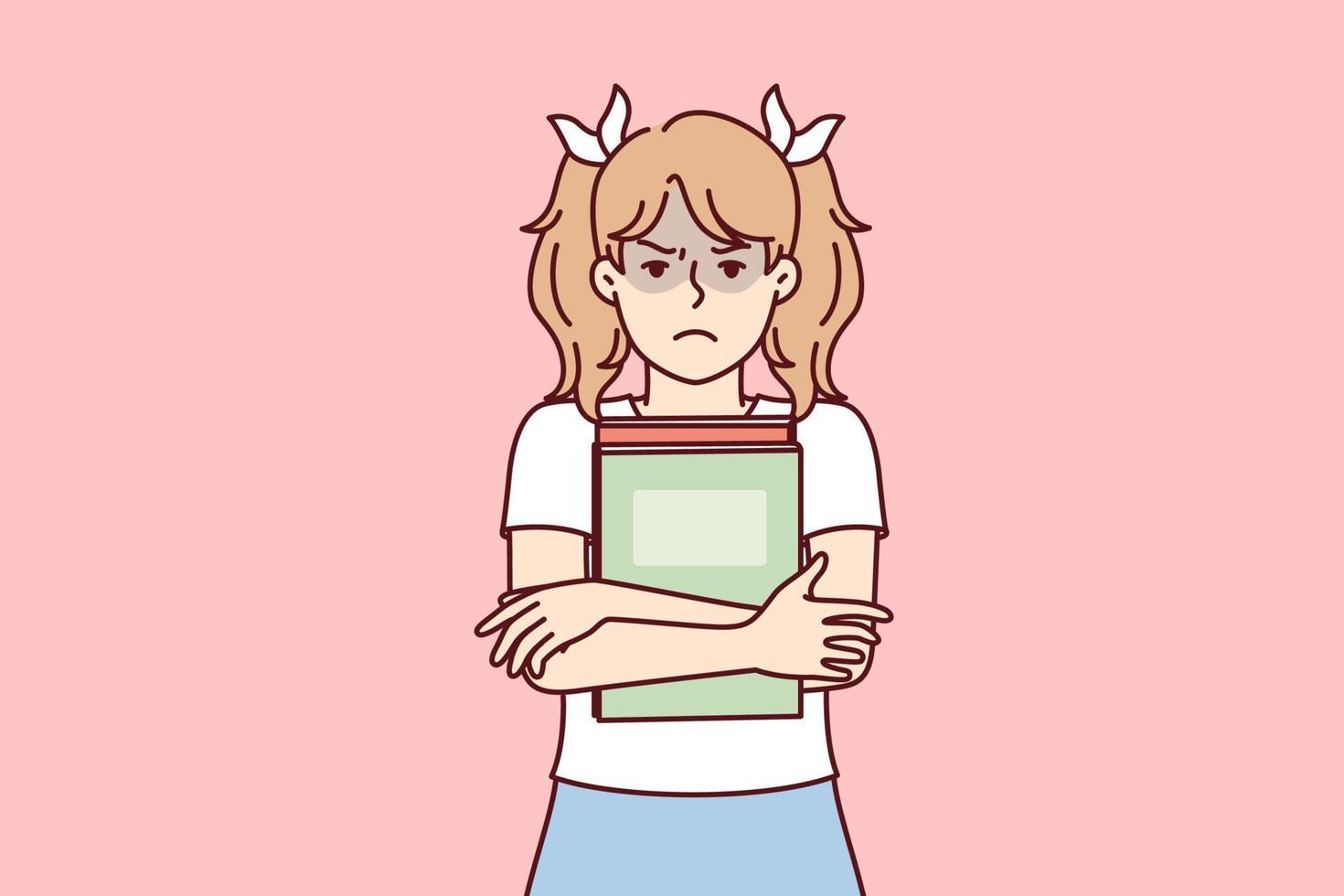 Girl with textbooks is upset because of bad grades at school or lack of friends among classmates. Schoolgirl with pigtails stands clutching books to chest and looking at camera. Flat vector image