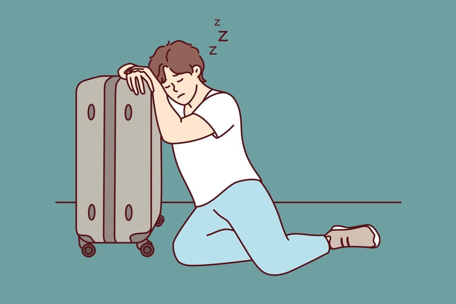 Tired man dozing resting head on travel suitcase after difficult business trip. Homeless young guy with bag on wheels sleeps sitting on ground after being evicted from home. Flat vector image