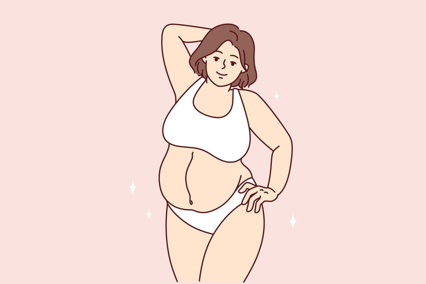 mujer de talla grande en lencería parada en posición relajada, no avergonzada por su propio cuerpo. chica caucásica con cicatriz de cirugía posa para revista de moda con la mano detrás de la cabeza. diseño vectorial plano vector