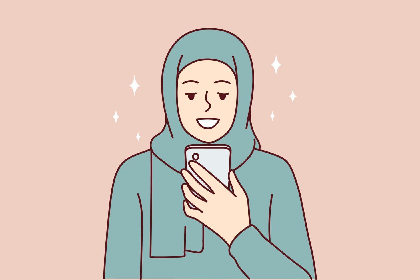 mujer musulmana sonriendo usando el teléfono móvil para enviar mensajes de texto o visitar sitios islámicos. la chica con el pelo cubierto de niqab o paranja se regocija después de recibir un correo electrónico en un smartphone. diseño vectorial plano vector