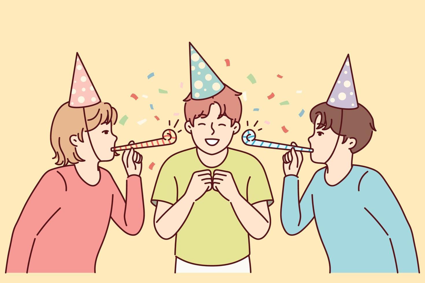 Teenage boy celebrating birthday with friends from school. Children in party hats and tongue whistle congratulating their peers on holiday standing among confetti. Flat vector illustration