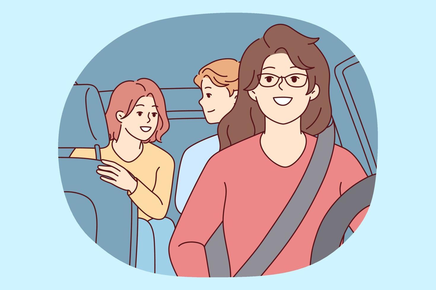 la mujer conduce un automóvil con hijos adolescentes en el asiento del pasajero y los lleva a la escuela secundaria. chica conductora con gafas abrochadas con cinturón de seguridad con amigos en su propio vehículo. ilustración vectorial plana vector