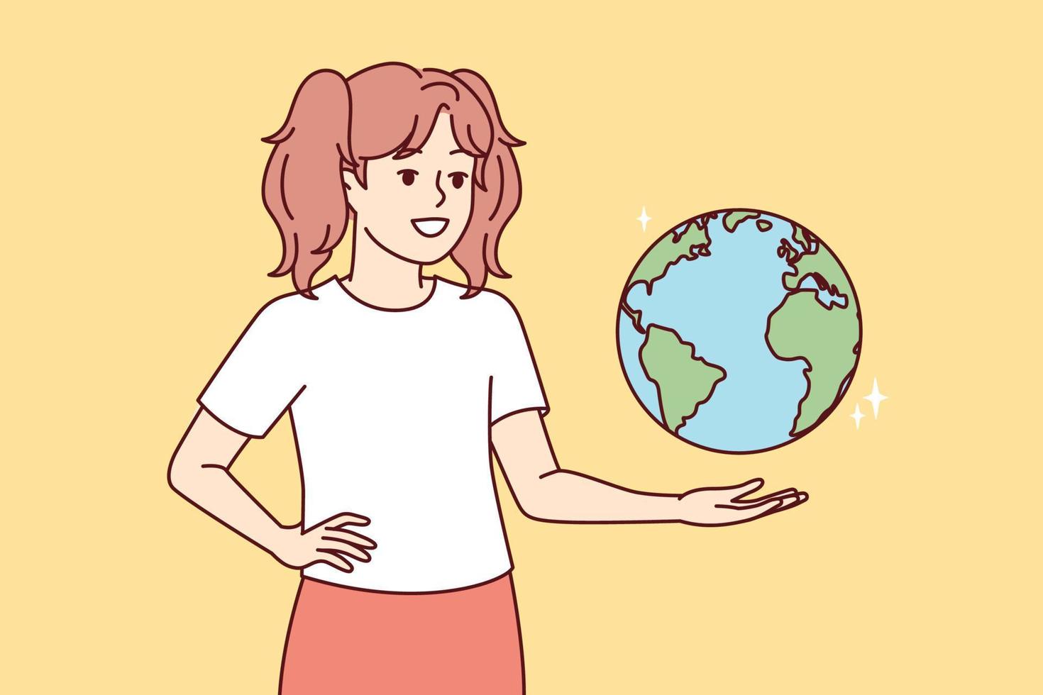 Teenage girl with globe hanging in weightlessness studies geography and location of continents or states. Child from elementary school dreams of traveling to cities of world. Flat vector illustration