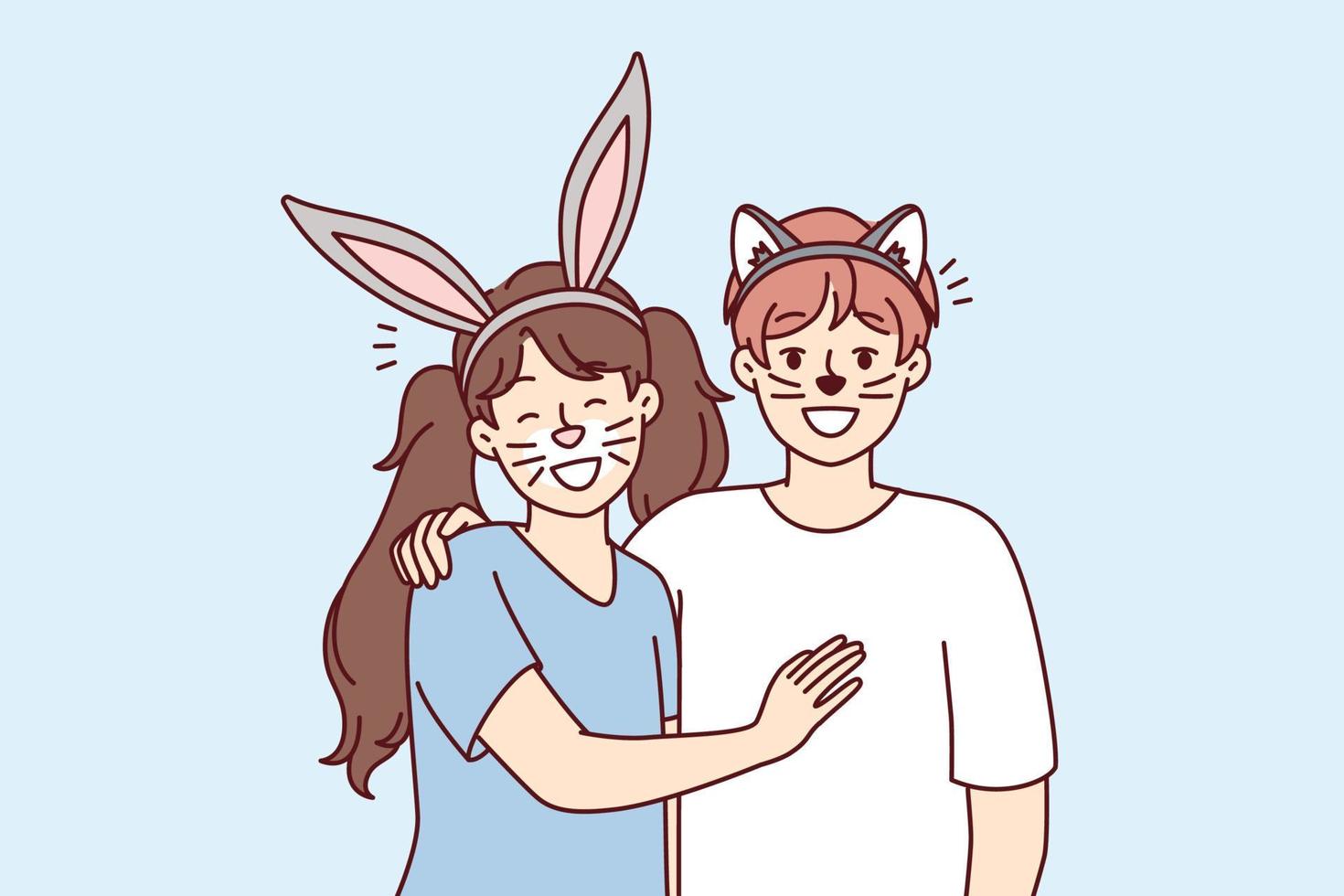 Boy and girl stand hugging with fake animal ears and painted mustaches on faces for homparty or school masquerade. Happy children pretend to be rabbit and cat to spectacle. Flat vector design