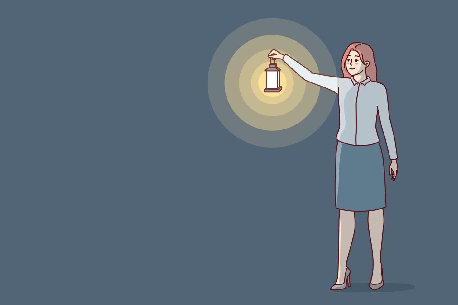 una mujer vestida de negocios se para tendiendo la mano con una linterna de aceite vintage para iluminar el espacio en una habitación oscura. chica con tacones altos camina por la noche iluminando con una lámpara retro. diseño vectorial plano vector