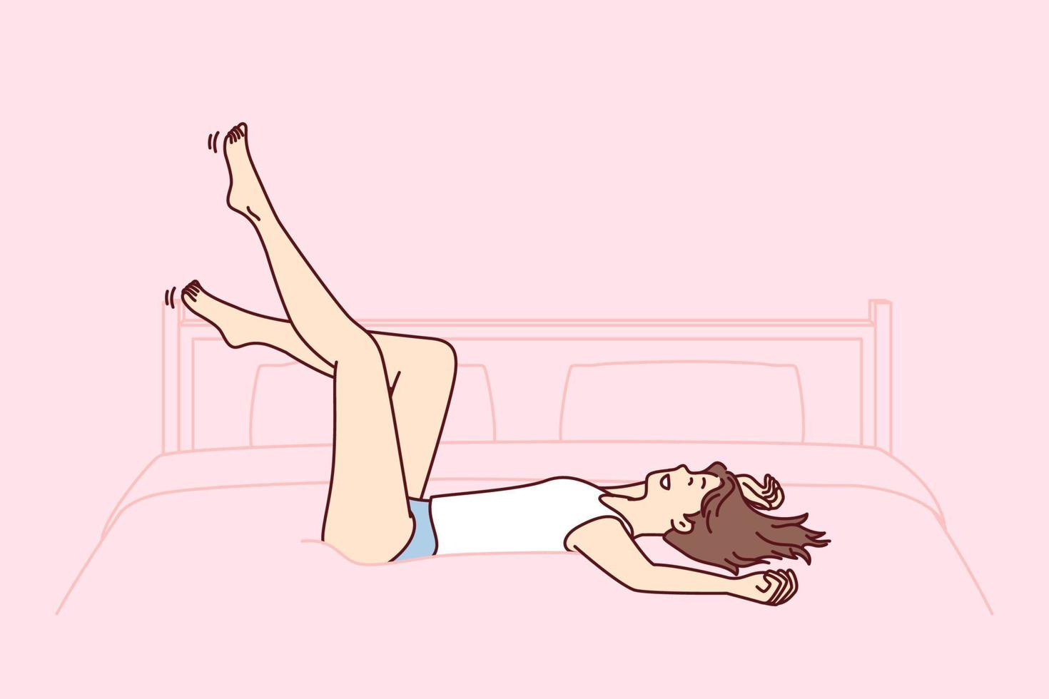 Relaxed woman lies on large bed with legs up after hard work day. Carefree young girl in tank top and shorts or panties falls on bed with smile, rejoicing at opportunity to relax. Flat vector design