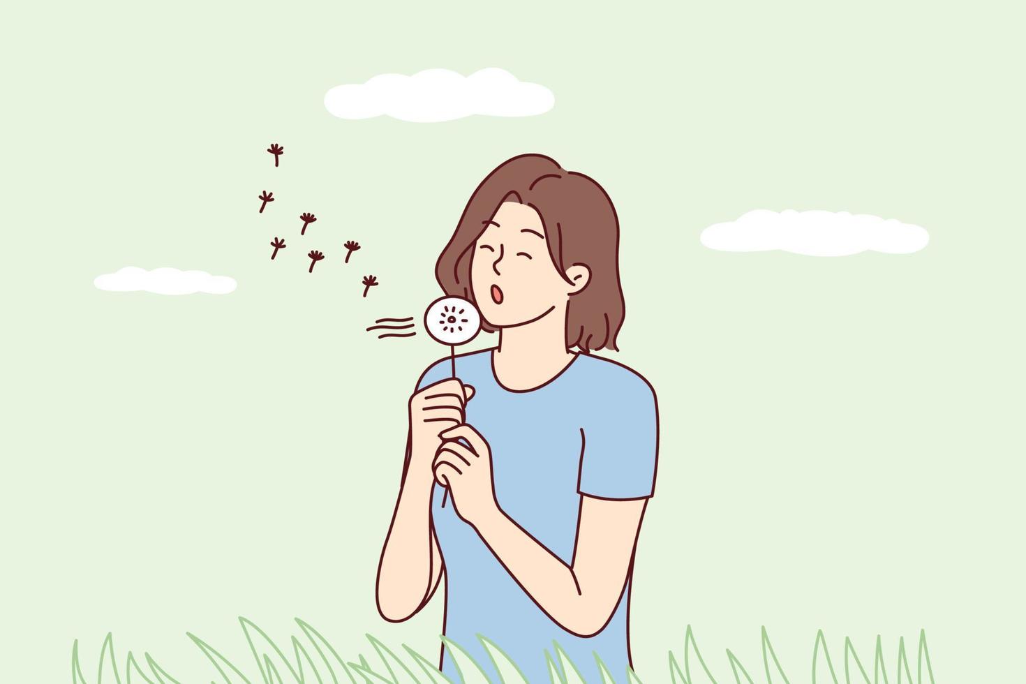 Carefree woman walks in clearing holding dandelion in hands and blows off petals flying away through wind. Relaxed girl walks along green meadow among grass enjoying spring weather. Flat vector design