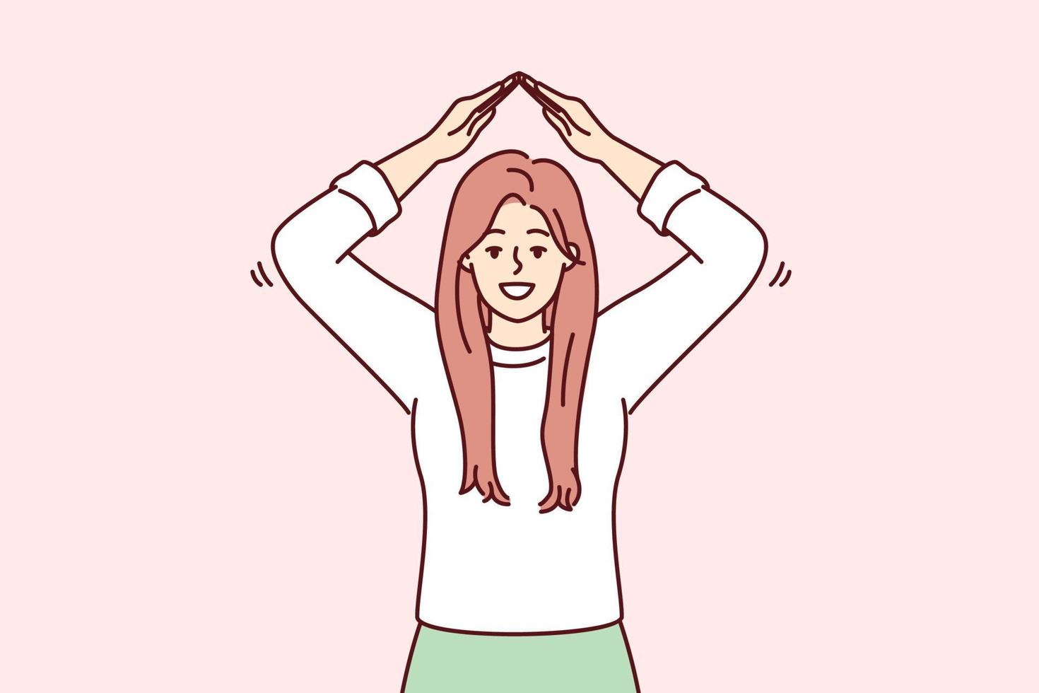 Cheerful woman depicts roof over head with hands, symbolizing security and inviolability. Positive girl stretches hands up offers to pay attention to real estate insurance services. Flat vector image