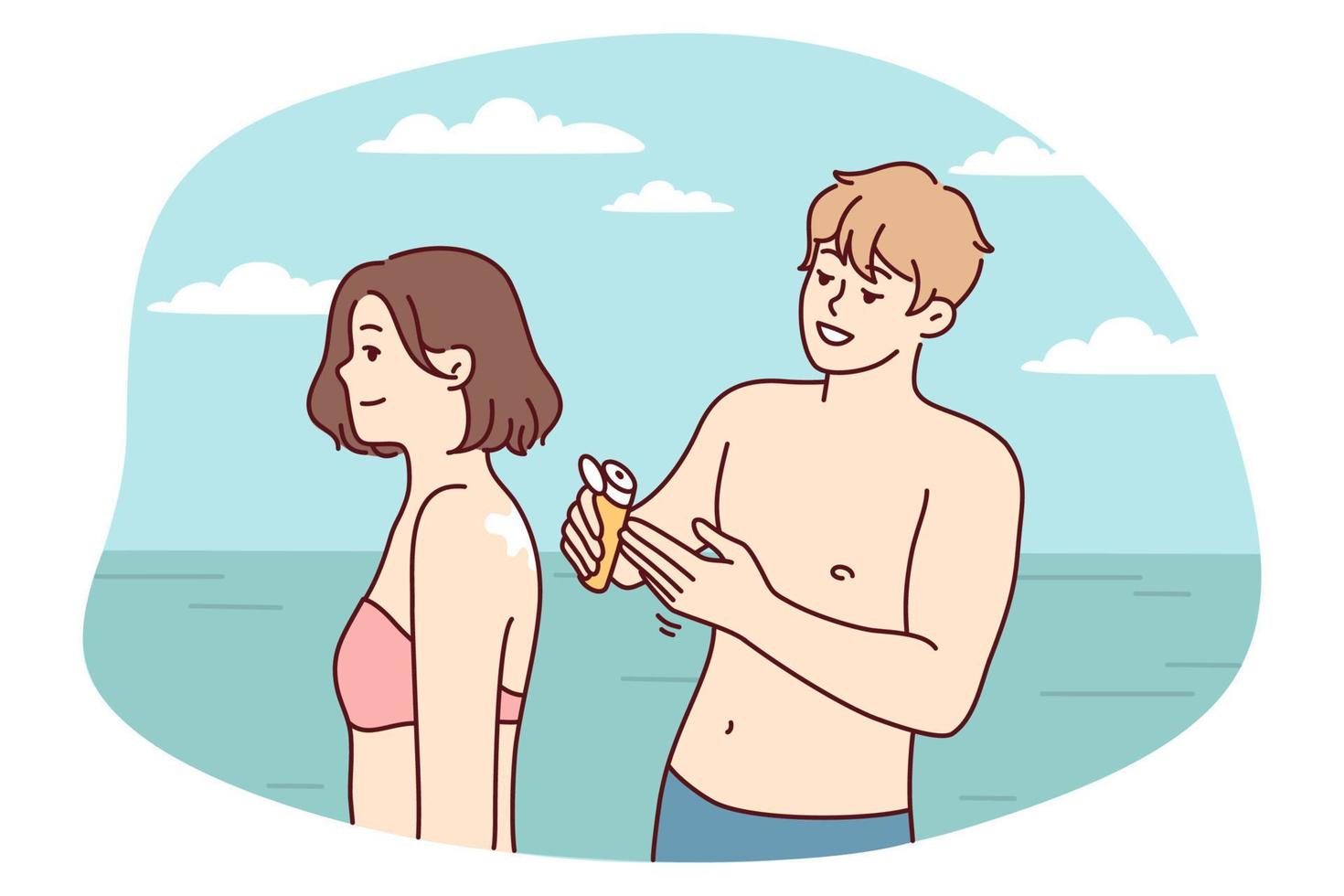 Man and woman in swimming clothing are relaxing on sunny beach near ocean and want to start sunbathing. guy smears back girl with suntan lotion taking care health while traveling. Flat vector design