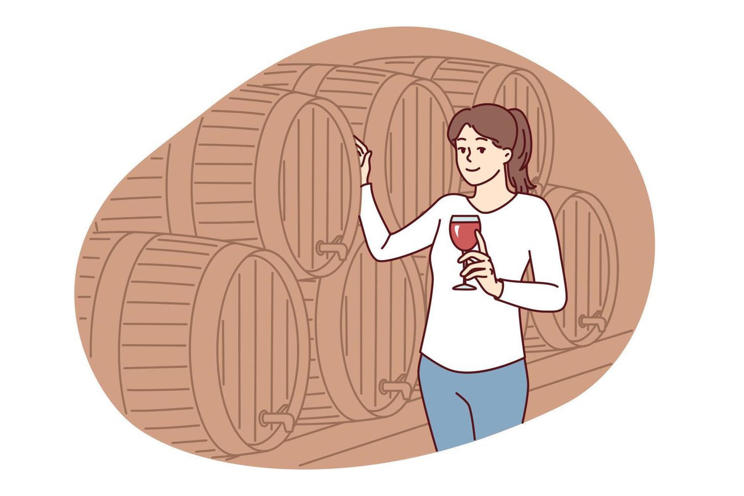 Woman with glass of wine stands near wooden barrel for tincture of alcoholic drink and looks at screen. Positive lady in casual clothes walking alone in winery cellar. Flat vector illustration