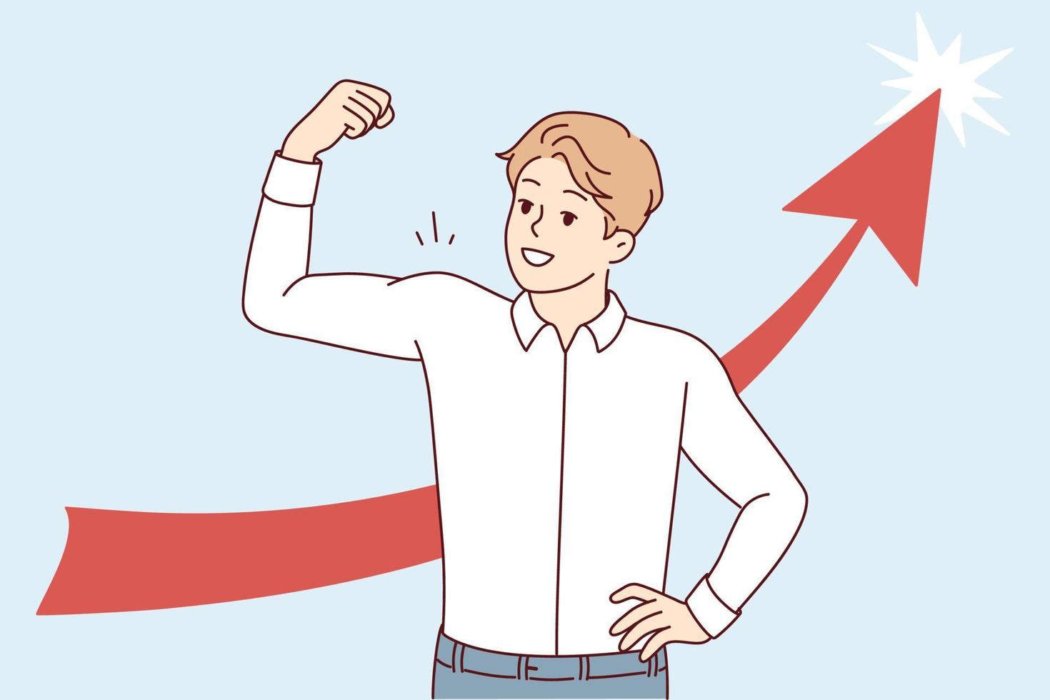 Happy man in white shirt showing biceps while standing near arrow pointing up. Strong guy shows off muscles in arms after visiting fitness club or business success. Flat vector illustration