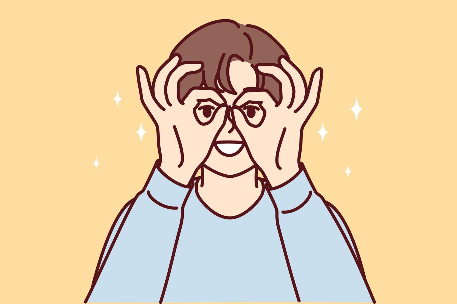 Young woman puts hands to face imitating invisible binoculars to look at object in distance. Funny girl looks at display using fingers instead of carnival mask. Flat vector illustration