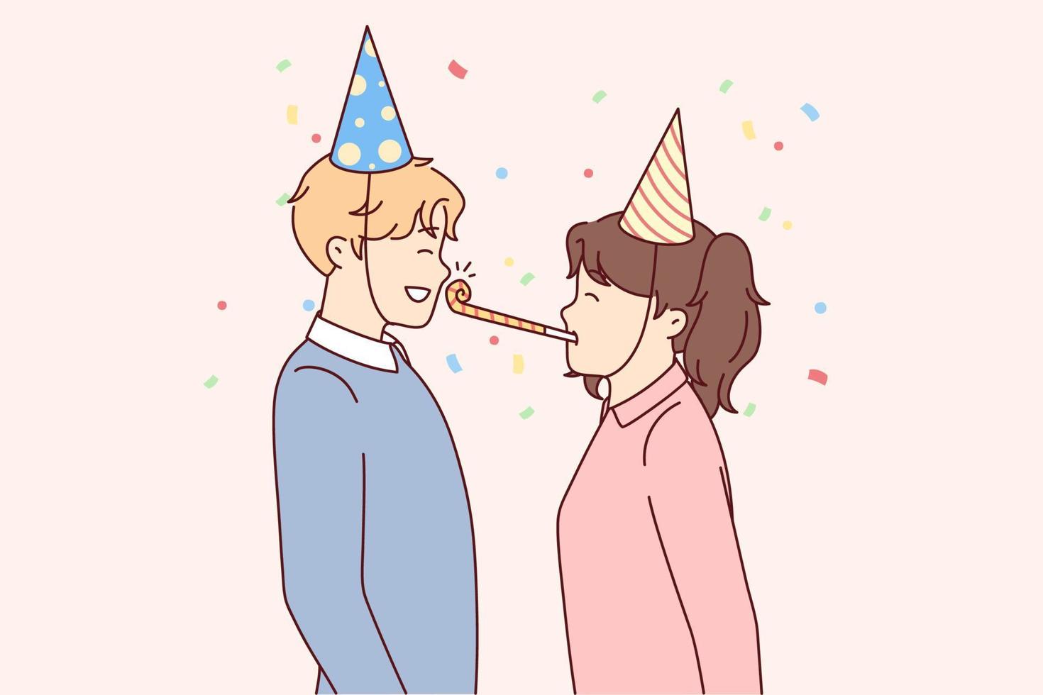Girl uses tongue whistle to wish boyfriend happy birthday during birthday party for school or college friends. Pleased teenage boy and girl looking at each other. Flat vector illustration