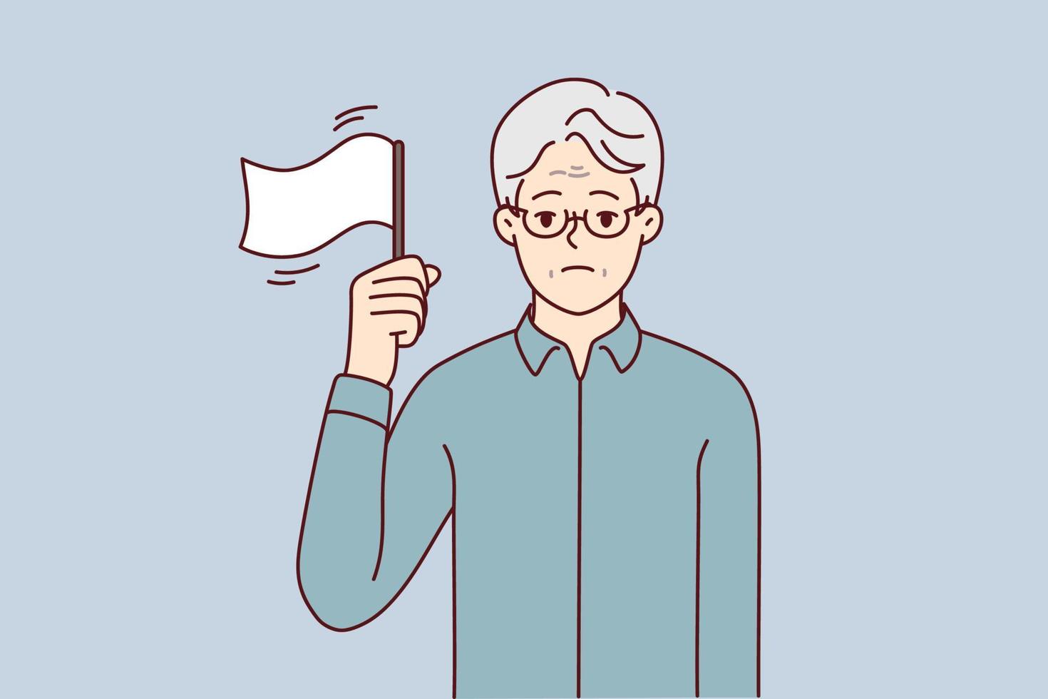 Elderly man with sad face stands showing white flag as sign lack strength to fight disease or finances to pay bills. Old human with gray hair wearing glasses for euthanasia concept. Flat vector image