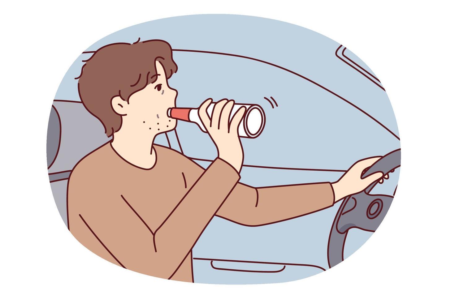 un hombre irresponsable bebe alcohol de una botella que conduce un automóvil arriesgando la vida de los peatones. el conductor bebe cerveza y no usa el vehículo de dirección del cinturón de seguridad violando las reglas de la carretera. diseño vectorial plano vector