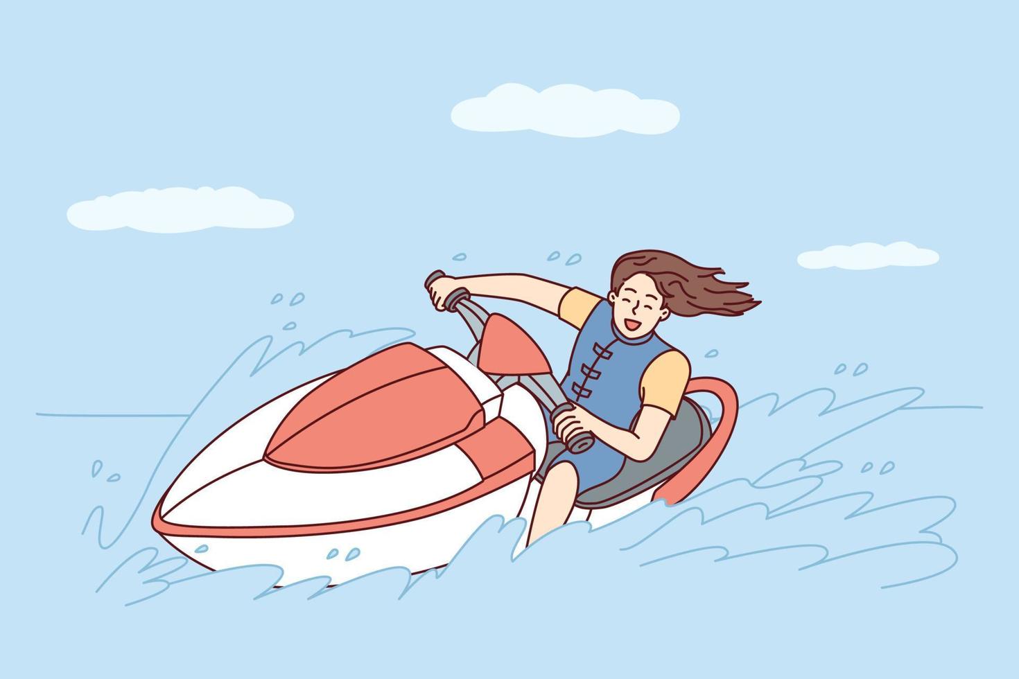 Happy woman with flowing hair rides jet ski on sea during summer trip to hot islands. Young girl goes in for extreme sports racing on water bike leaving splashes behind. Flat vector illustration