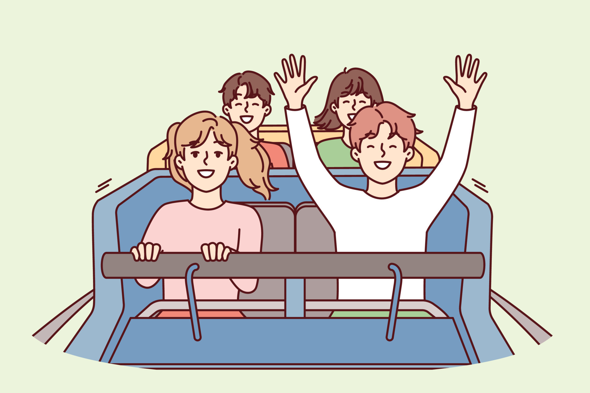Joyful Teenage Children Ride Rollercoaster And Raise Hands Smiling joyful-teenage-children-ride-rollercoaster-and-raise-hands-smiling