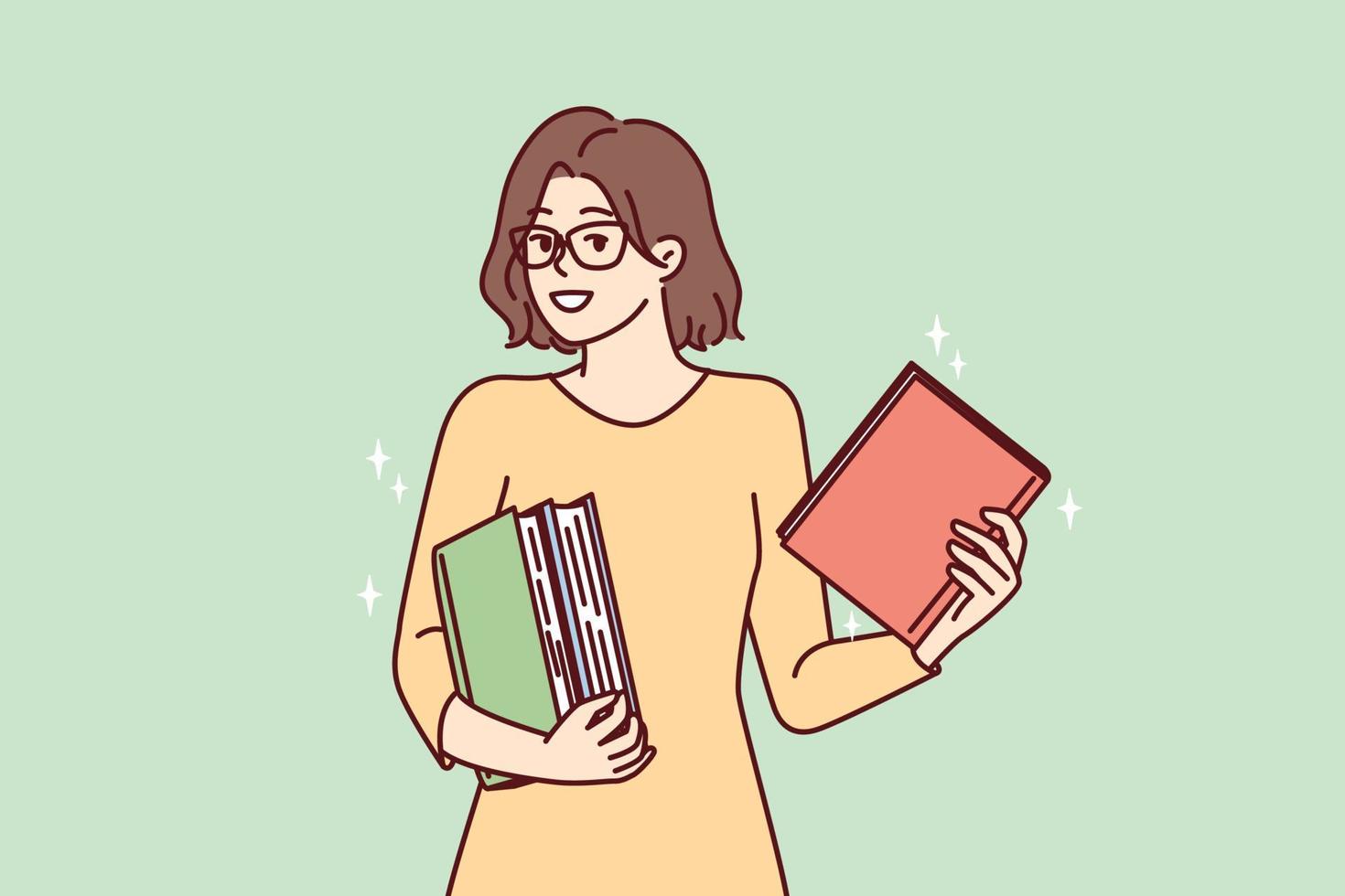 Smart young woman holds several books in hands choosing literature for reading in spare time. Girl in glasses stands with textbooks to prepare for term paper or university exams. Flat vector design