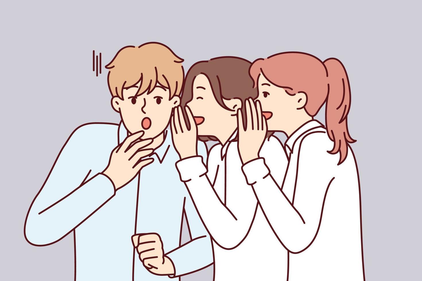 Young man is shocked by secret about colleagues or friends told by two girls. Women share hand-to-mouth gossip with guy or tell their boss about misconduct by other employees. Flat vector illustration