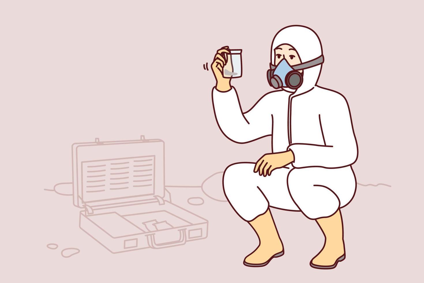 Specialist in chemical protection suit takes sample of earth for further study on analytical harmful substances. Man in respirator examines biohazard samples found on street. Flat vector illustration