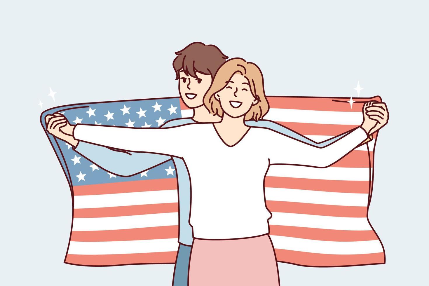 Friendly couple of man and woman posing with USA flag demonstrating patriotism. Guy american stands behind girl hugging girlfriend and stretching national banner on july 14th eve. Flat vector design