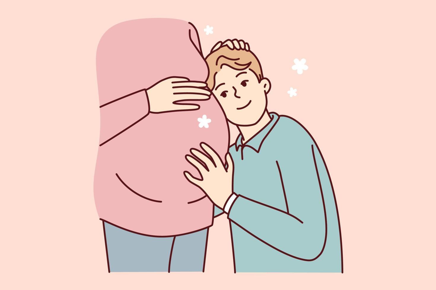 Boy teenager lean against belly of pregnant mother listens to heartbeat of unborn child. Loving son hugs mom in anticipation of appearance of younger brother or sister. Flat vector illustration