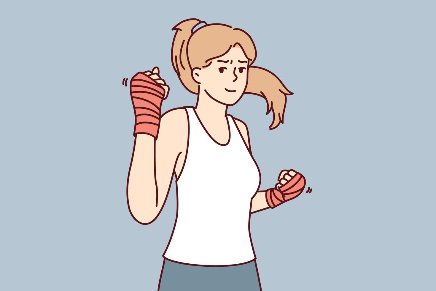 Strong woman with boxing bandages on hands looks at camera inviting to fight or play sports. Beautiful athletic girl is engaged in fitness or learning self-defense techniques. Flat vector image