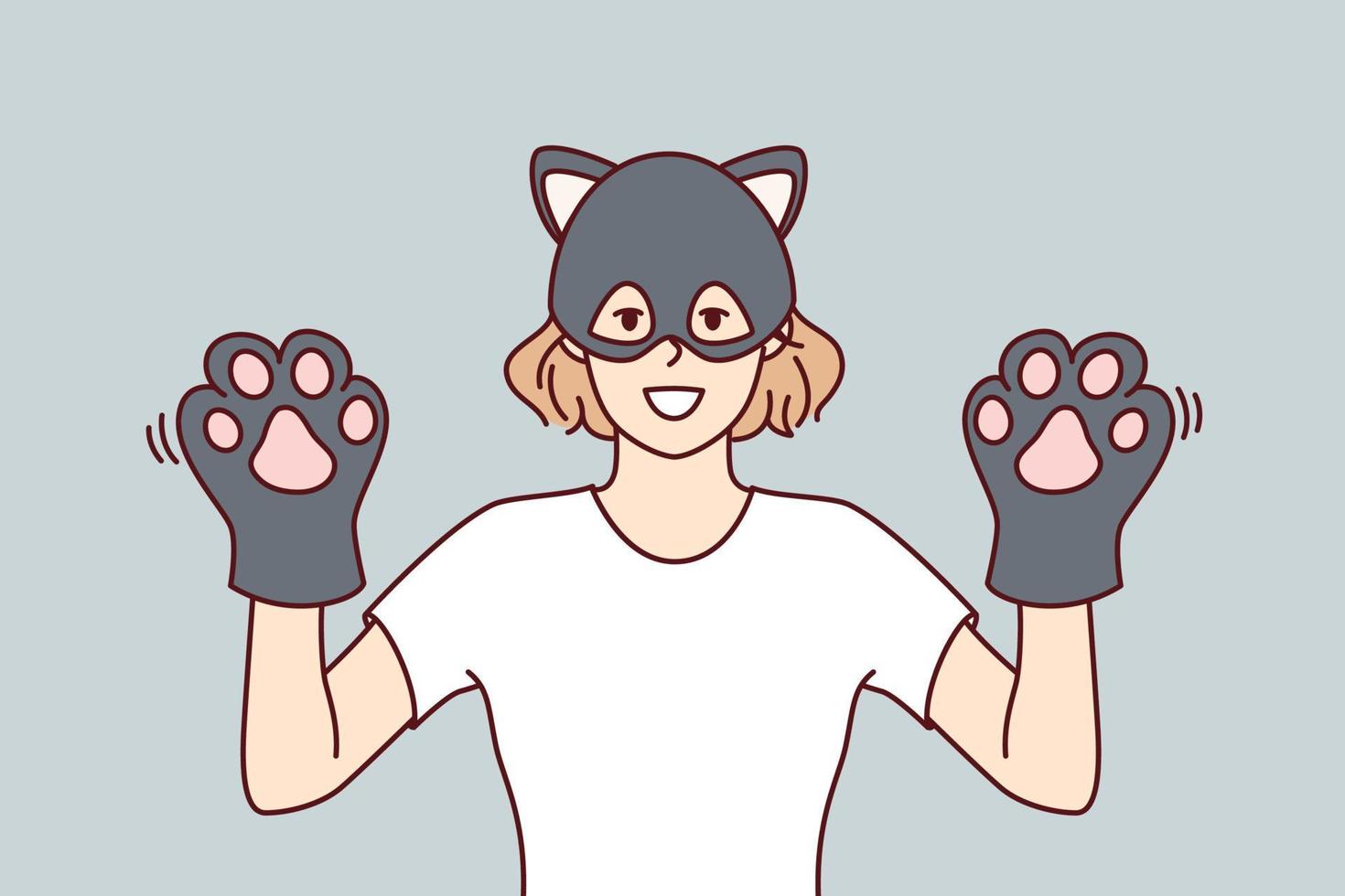 Funny woman in kitten mask demonstrates hands with gloves in form of pet paws. Cheerful young girl shows cool kitty costume for visiting carnival or children party. Flat vector illustration