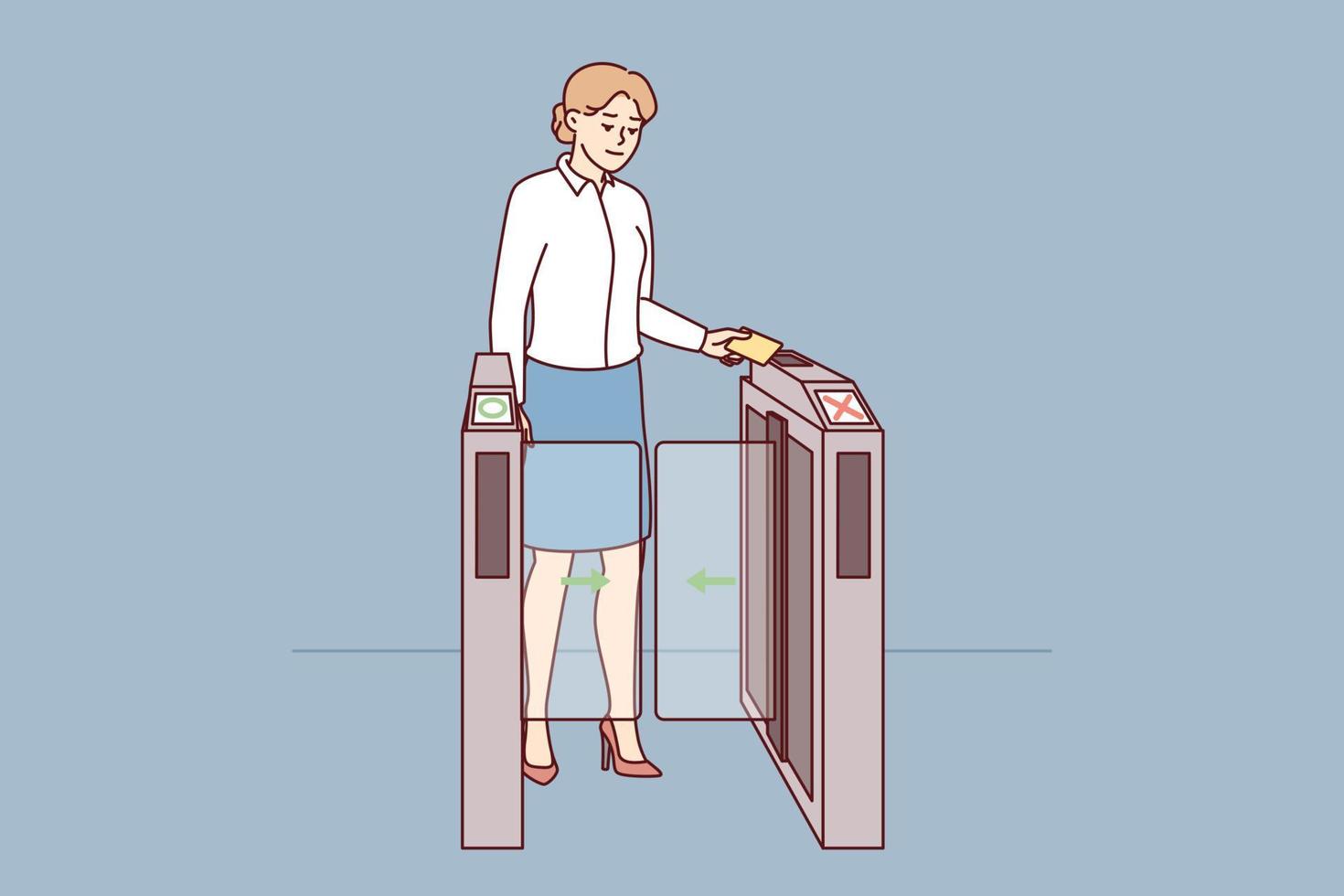 Woman in business clothes is applying pass to go through turnstile at entrance to office. Businesslady holds magnetic card giving access to office space with workplace. Flat vector image