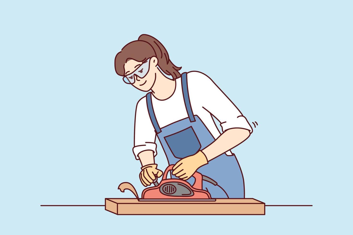 Woman furniture maker uses jointer to process wooden planks needed to create furniture. Carpenter girl in work uniform and goggles makes cabinet for house with own hands. Flat vector illustration