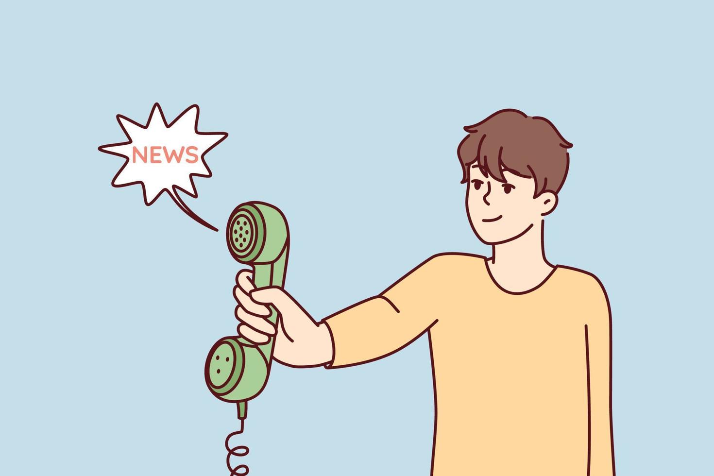 Man holds out landline phone to share news or important information. Handset with wire in hand of young guy who received call from municipal notification service. Flat vector illustration