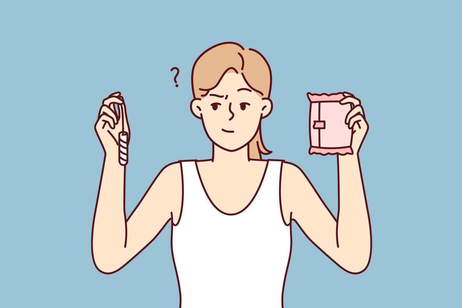 Thoughtful woman holding tampon and pad in hands choosing what to use during menstruation. Girl is thinking about choosing best manufacturer of female hygiene products. Flat vector illustration