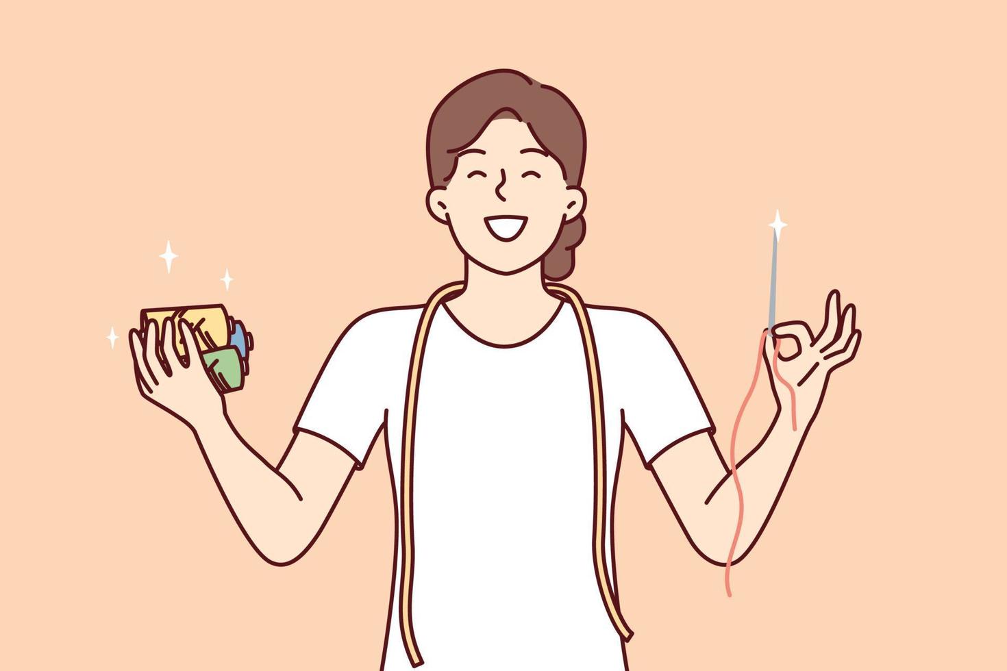 Woman seamstress holds in hands sharp needle and multi-colored threads for making individual clothes. Girl employee of sewing workshop with measuring tape around neck smiles. Flat vector image