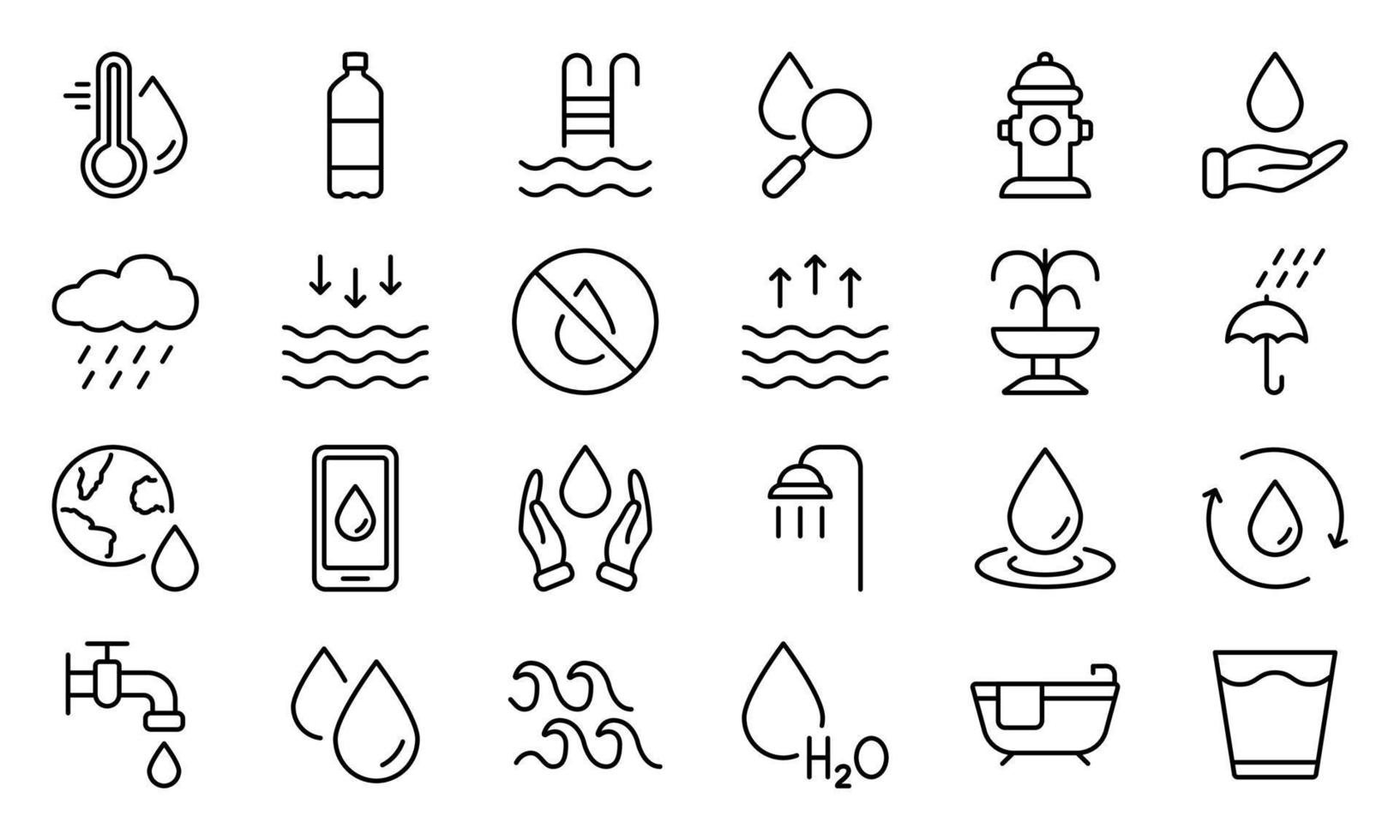 Water Line Icon Set. Drop Water Linear Icon. Mineral Water, Low and High Tide, Shower, Plastic Bottle and Glass Outline Pictogram. Fire Hydrant and Fountain. Editable stroke. Vector illustration.
