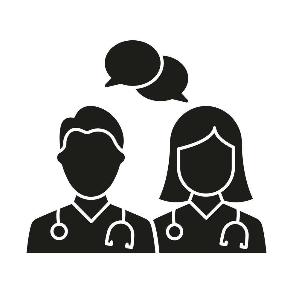 Doctors Consultation with Speech Bubble Silhouette Icon. Physicians Speaking Glyph Pictogram. Medic Specialist Conversation Icon. Healthcare Chat. Isolated Vector Illustration.