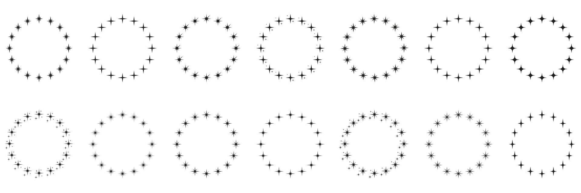 Stars in Circle Shape Silhouette Icon Set. Circular Decor Ornament Icon on White Background. Modern Round Award Frame with Black Stars Pictogram. Isolated Vector Illustration.