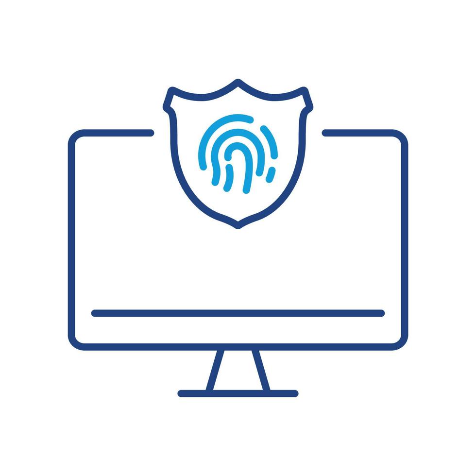 Computer with Touch ID Technology Line Icon. Password Screen, Security Access Pictogram. Fingerprint Identification, Shield on Display Protect Symbol. Editable Stroke. Isolated Vector Illustration.