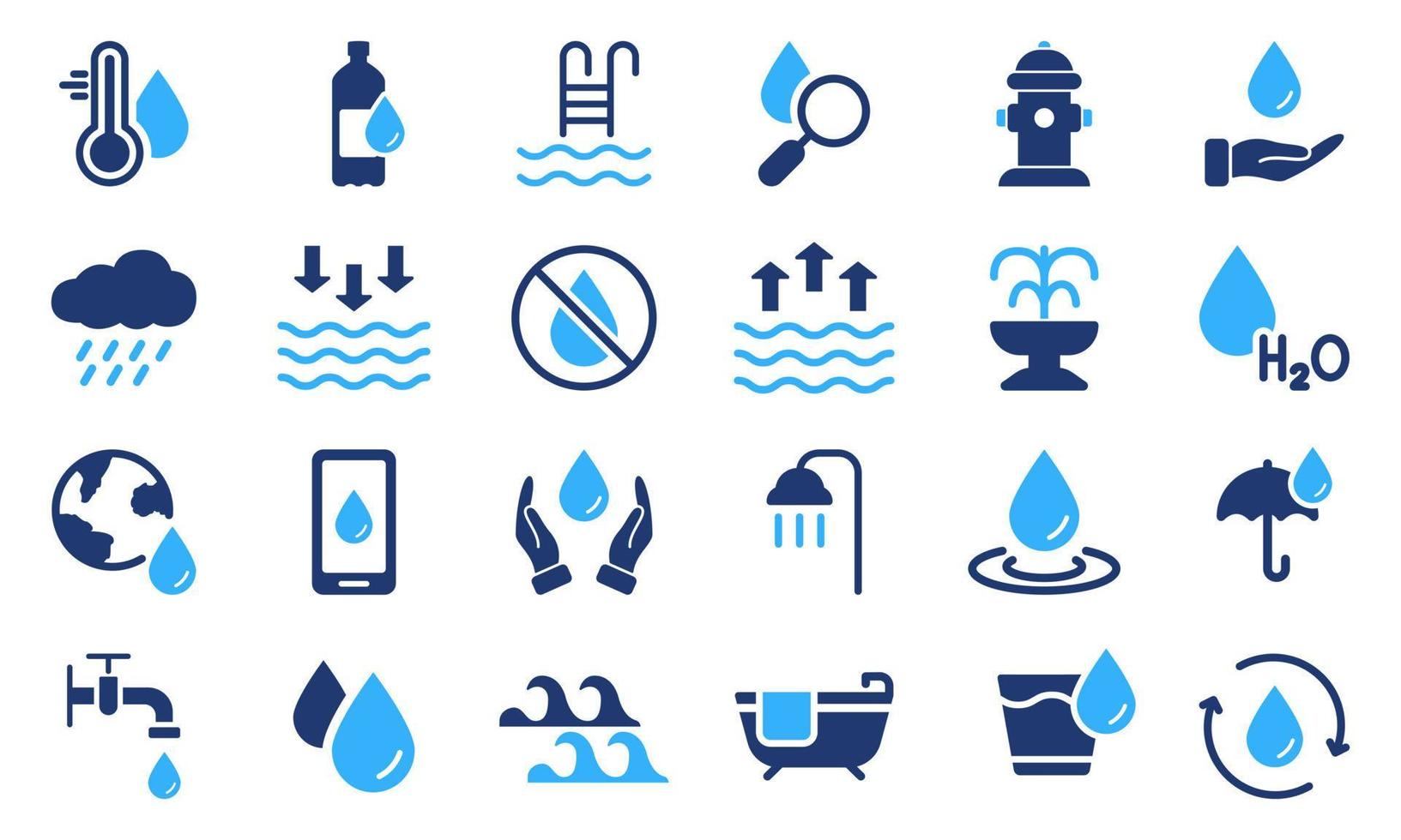 conjunto de iconos de silueta de agua. marea alta y baja, ducha, agua mineral, botella de plástico y pictograma de vidrio. boca de incendios y fuente. gota icono de color de agua. ilustración vectorial aislada. vector