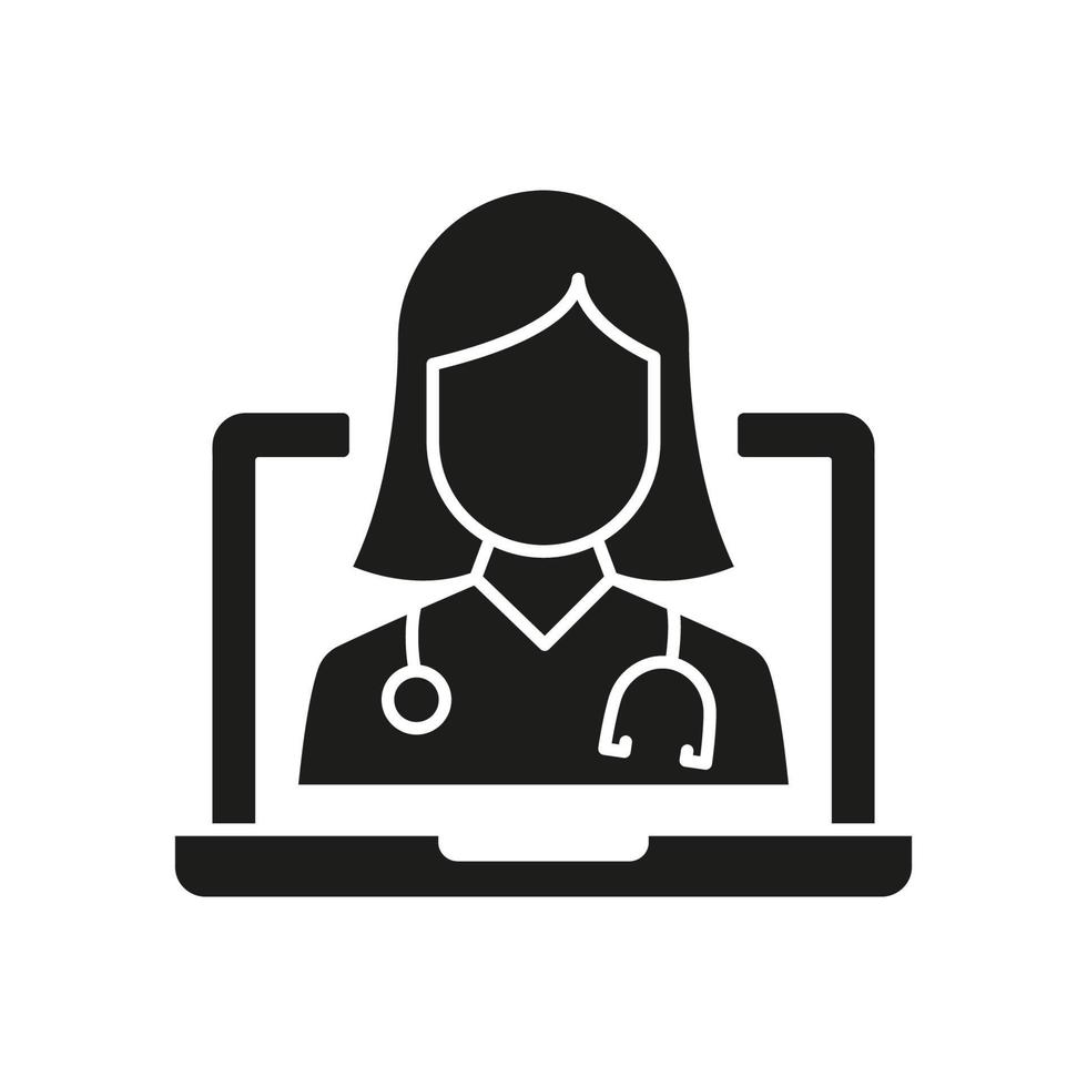 icono de silueta de medicina digital en línea. médico en computadora atención médica glifo en línea pictograma negro. icono de servicio de medicina virtual. telemedicina ilustración vectorial aislada. vector