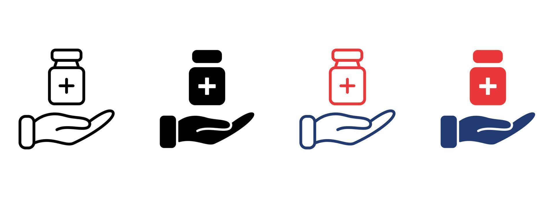 Medical Donation Icon. Humanitarian Aid for Needy, Poor, Homeless and Sick. Hand Icon and Medical Supplies. Charity and Donation Concept. Editable Stroke. Vector illustration.