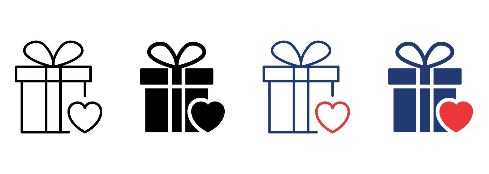 Gift Box with Ribbon Bow and Heart Icon Set. Giftbox in Donation and Charity Concept Pictogram. Surprise Box for Holiday Icon. Editable Stroke. Isolated Vector Illustration.