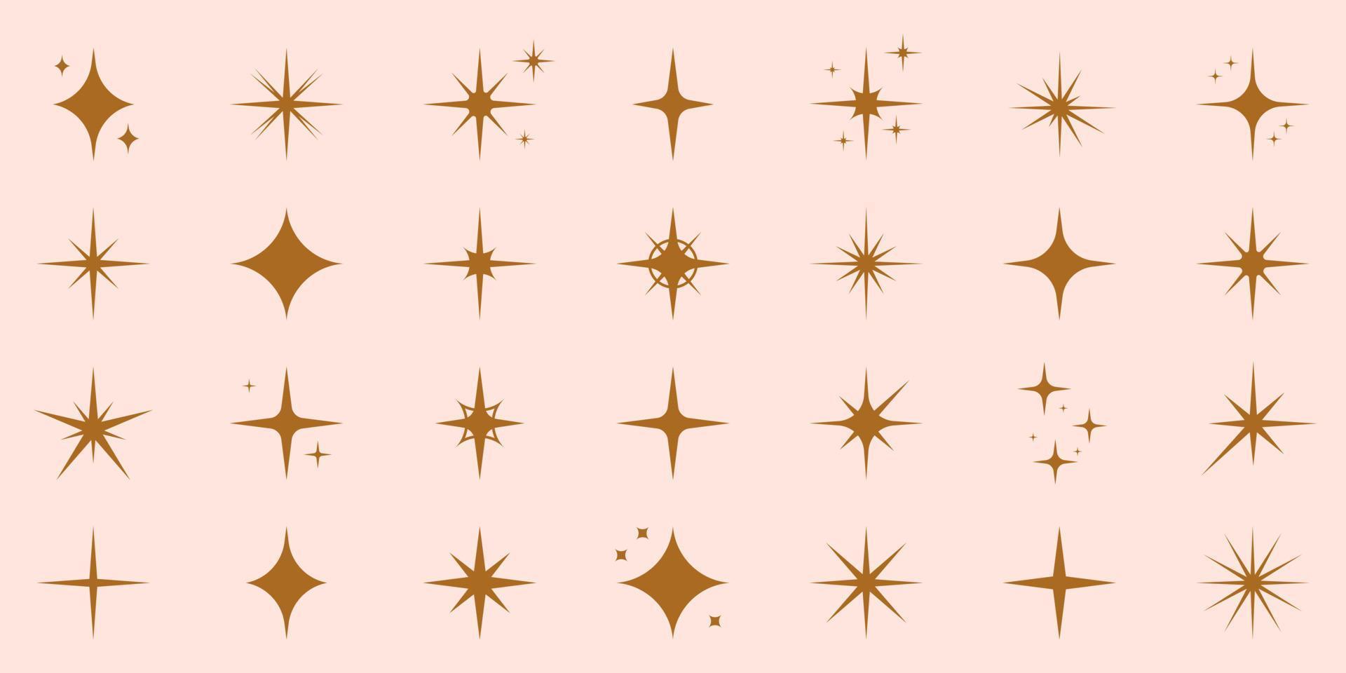Sparkle Star Silhouette Icon Set. Glow Spark Flash Stars Pictogram Collection. Shine Burst Magic Decoration Symbol. Glistering Effect Light. Twinkle Flare. Isolated Vector Illustration.
